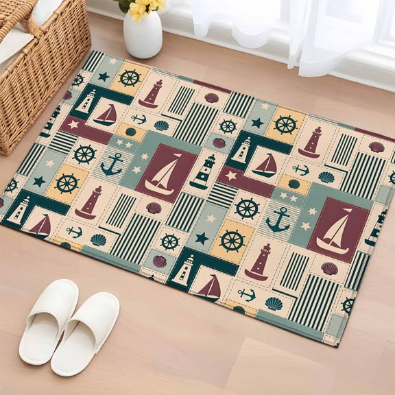 Area Rug 2 x 3 Ft, Nautical Ship Checked Indoor Accent Bathroom Rugs for Kitchen/Laundry Room, Teal Coastal Sailboat Anchor Washable Non-Slip Runner Floor Mat for Entryway, Living Room