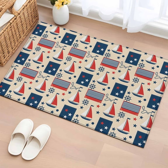 Area Rug 2 x 3 Ft, Nautical Ship Plaid Indoor Accent Bathroom Rugs for Kitchen/Laundry Room, 4th of July American Flag Star Striped Washable Non-Slip Runner Floor Mat for Entryway, Living Room