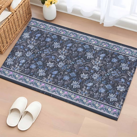 Area Rug 2 x 3 Ft, Navy Blue Floral Indoor Accent Bathroom Rugs for Kitchen/Laundry Room, Ethnic Tribe Abstract Art Flowers Washable Non-Slip Runner Floor Mat for Entryway, Living Room