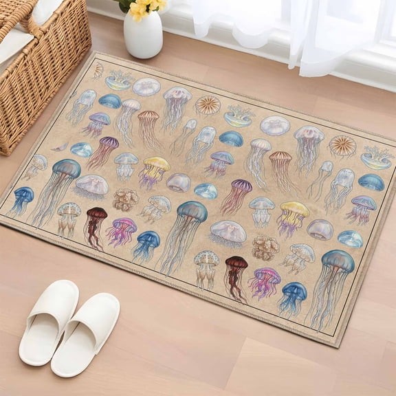 Area Rug 2 x 3 Ft, Ocean Jellyfish Indoor Accent Bathroom Rugs for Kitchen/Laundry Room, Vintage Colorful Coastal Animal Brown Washable Non-Slip Runner Floor Mat for Entryway, Living Room