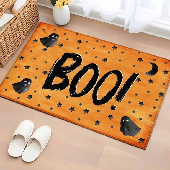 Area Rug 2 x 3 Ft, Orange BOO Halloween Indoor Accent Bathroom Rugs for Kitchen/Laundry Room, Cute Ghost Spooky Star Moon Dots Washable Non-Slip Runner Floor Mat for Entryway, Living Room