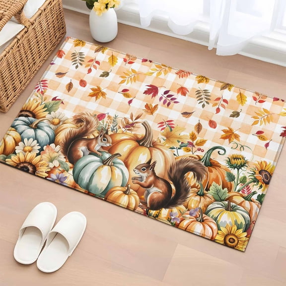 Area Rug 2 x 3 Ft, Orange Fall Pumpkins Indoor Accent Bathroom Rugs for Kitchen/Laundry Room, Leaf Squirrel Country Plaid Farmhouse Washable Non-Slip Runner Floor Mat for Entryway, Living Room