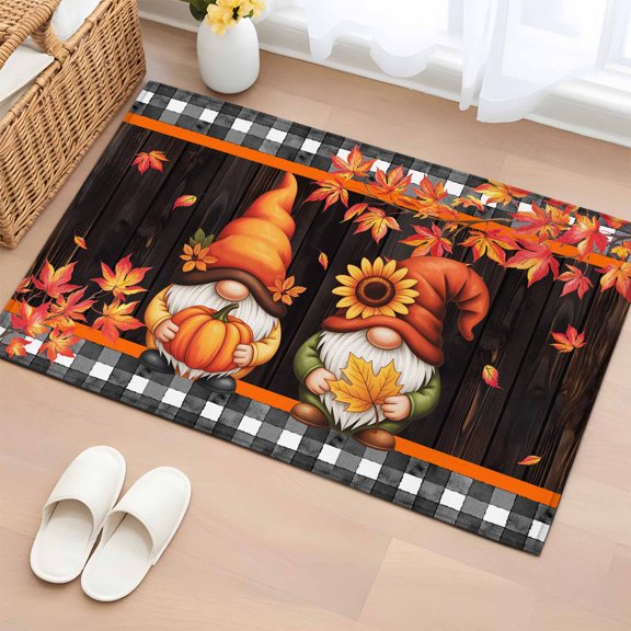 Area Rug 2 x 3 Ft, Orange Gnomes Indoor Accent Bathroom Rugs for Kitchen/Laundry Room, Pumpkin Sunflower Maple Country Wood Plank Washable Non-Slip Runner Floor Mat for Entryway, Living Room