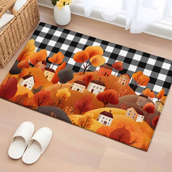 Area Rug 2 x 3 Ft, Orange Hill Fall Indoor Accent Bathroom Rugs for Kitchen/Laundry Room, Thanksgiving Trees Cartoon House Retro Plaid Washable Non-Slip Runner Floor Mat for Entryway, Living Room