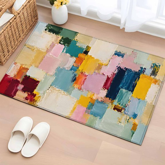 Area Rug 2 x 3 Ft, Orange Pink Blue Indoor Accent Bathroom Rugs for Kitchen/Laundry Room, Abstract Color Block Modern Oil Painting Washable Non-Slip Runner Floor Mat for Entryway, Living Room