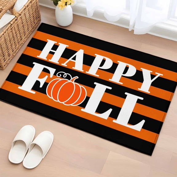Area Rug 2 x 3 Ft, Orange Pumpkin Indoor Accent Bathroom Rugs for Kitchen/Laundry Room, Fall Farm Black Striped Pastoral Washable Non-Slip Runner Floor Mat for Entryway, Living Room