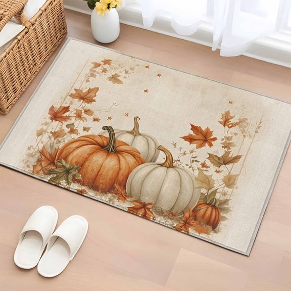 Area Rug 2 x 3 Ft, Orange White Pumpkin Fall Indoor Accent Bathroom Rugs for Kitchen/Laundry Room, Thanksgiving Botanical Leaves Rustic Washable Non-Slip Runner Floor Mat for Entryway, Living Room