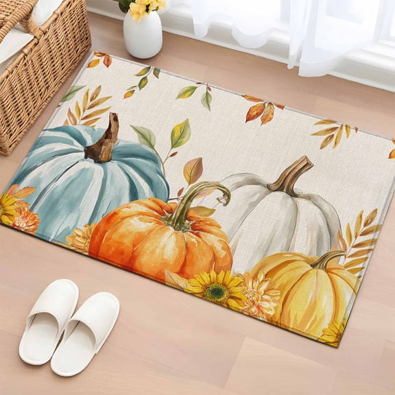 Area Rug 2 x 3 Ft, Orange White Pumpkin Fall Indoor Accent Bathroom Rugs for Kitchen/Laundry Room, Thanksgiving Floral Leaves Rustic Washable Non-Slip Runner Floor Mat for Entryway, Living Room