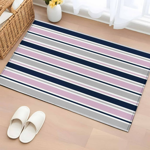 Area Rug 2 x 3 Ft, Pink Grey Striped Indoor Accent Bathroom Rugs for Kitchen/Laundry Room, Farmhouse Stripes Modern Abstract Art Washable Non-Slip Runner Floor Mat for Entryway, Living Room