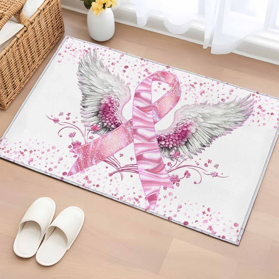 Area Rug 2 x 3 Ft, Pink Ribbon Wings Indoor Accent Bathroom Rugs for Kitchen/Laundry Room, Bows Flowers Love Heart Abstract Washable Non-Slip Runner Floor Mat for Entryway, Living Room