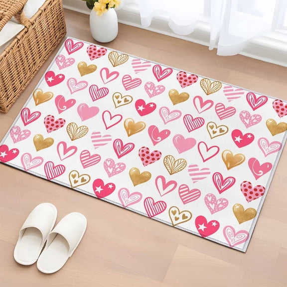 Area Rug 2 x 3 Ft, Pink Valentine's Day Indoor Accent Bathroom Rugs for Kitchen/Laundry Room, Cute Love Hearts Romantic Washable Non-Slip Runner Floor Mat for Entryway, Living Room