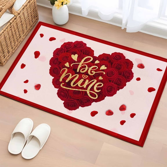 Area Rug 2 x 3 Ft, Pink Valentine's Day Indoor Accent Bathroom Rugs for Kitchen/Laundry Room, Red Roses Love Hearts Romance Washable Non-Slip Runner Floor Mat for Entryway, Living Room