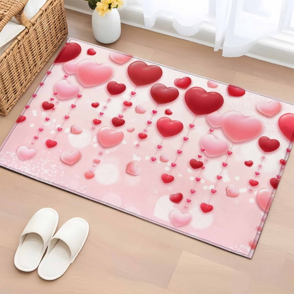 Area Rug 2 x 3 Ft, Pink Valentine's Day Indoor Accent Bathroom Rugs for Kitchen/Laundry Room, Romantic Love Heart Washable Non-Slip Runner Floor Mat for Entryway, Living Room