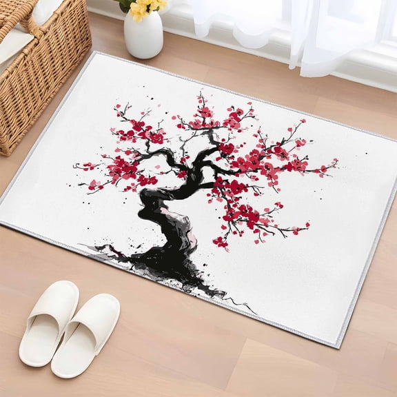 Area Rug 2 x 3 Ft, Plum Tree Branches Indoor Accent Bathroom Rugs for Kitchen/Laundry Room, Spring Chinese Traditional Ink Painting Washable Non-Slip Runner Floor Mat for Entryway, Living Room