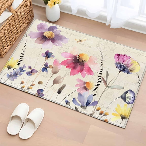 Area Rug 2 x 3 Ft, Purple Spring Floral Indoor Accent Bathroom Rugs for Kitchen/Laundry Room, Vintage Flowers Farmhouse Watercolor Washable Non-Slip Runner Floor Mat for Entryway, Living Room