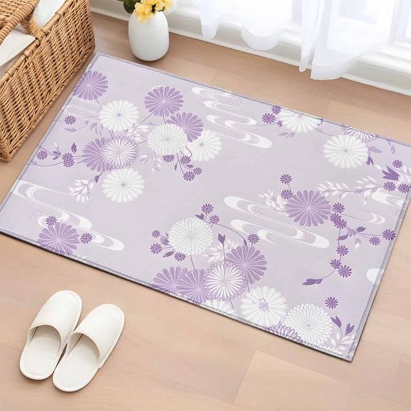 Area Rug 2 x 3 Ft, Purple White Floral Indoor Accent Bathroom Rugs for Kitchen/Laundry Room, Spring Botanical Leaves Farmhouse Washable Non-Slip Runner Floor Mat for Entryway, Living Room