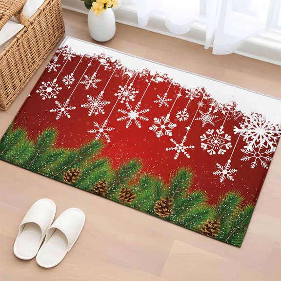 Area Rug 2 x 3 Ft, Red Christmas Indoor Accent Bathroom Rugs for Kitchen/Laundry Room, Winter Snowflake Pine Cones Branches Washable Non-Slip Runner Floor Mat for Entryway, Living Room