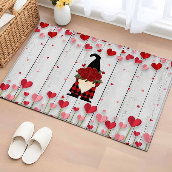Area Rug 2 x 3 Ft, Red Gnomes Valentine's Day Indoor Accent Bathroom Rugs for Kitchen/Laundry Room, Love Heart Roses Vintage Washable Non-Slip Runner Floor Mat for Entryway, Living Room