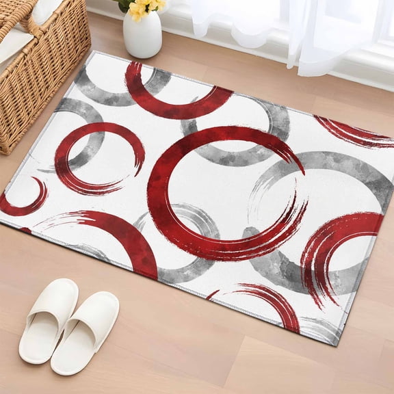 Area Rug 2 x 3 Ft, Red Grey Indoor Accent Bathroom Rugs for Kitchen/Laundry Room, Geometric Circle Modern Abstract Simple Art Washable Non-Slip Runner Floor Mat for Entryway, Living Room
