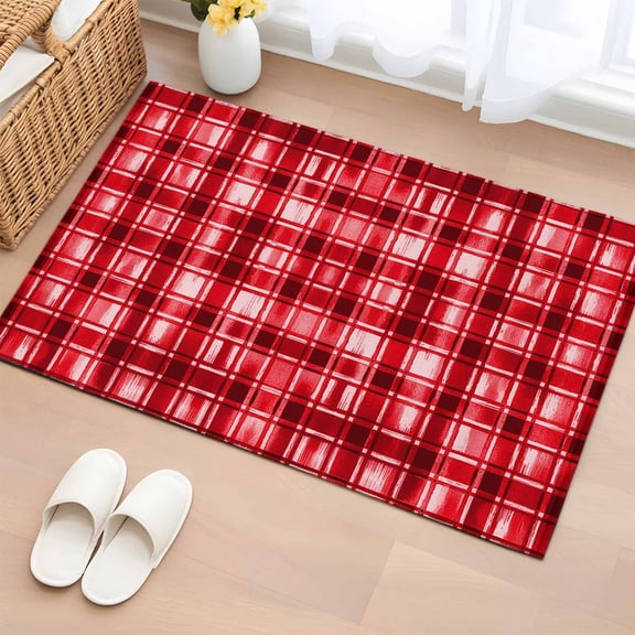 Area Rug 2 x 3 Ft, Red Plaid Indoor Accent Bathroom Rugs for Kitchen/Laundry Room, Modern Art Checkered Farmhouse Washable Non-Slip Runner Floor Mat for Entryway, Living Room