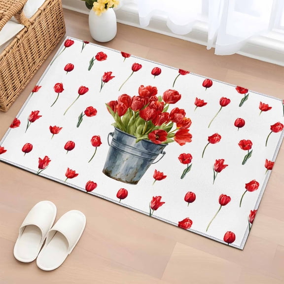 Area Rug 2 x 3 Ft, Red Tulip Flowers Indoor Accent Bathroom Rugs for Kitchen/Laundry Room, Spring Floral Vintage Drum Rustic Washable Non-Slip Runner Floor Mat for Entryway, Living Room