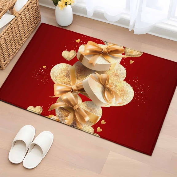 Area Rug 2 x 3 Ft, Red Valentine's Day Indoor Accent Bathroom Rugs for Kitchen/Laundry Room, Golden Valentines Gifts Love Hearts Washable Non-Slip Runner Floor Mat for Entryway, Living Room