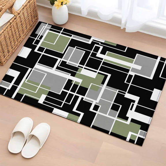 Area Rug 2 x 3 Ft, Sage Green Black Geometric Indoor Accent Bathroom Rugs for Kitchen/Laundry Room, Modern Abstract Art Block Washable Non-Slip Runner Floor Mat for Entryway, Living Room