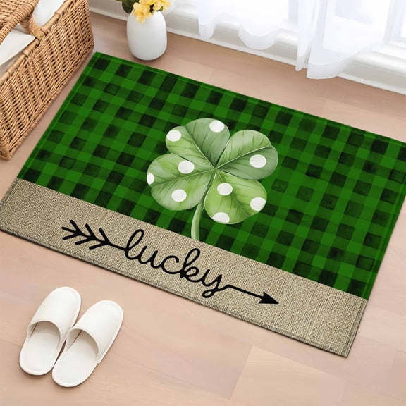 Area Rug 2 x 3 Ft, Saint Patrick's Day Indoor Accent Bathroom Rugs for Kitchen/Laundry Room, Lucky Four-leaf Grass Green Plaid Washable Non-Slip Runner Floor Mat for Entryway, Living Room