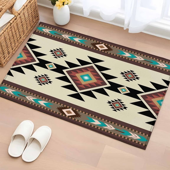 Area Rug 2 x 3 Ft, Southwest Geometric Indoor Accent Bathroom Rugs for Kitchen/Laundry Room, Brown Mexican Aztec Boho Tribal Washable Non-Slip Runner Floor Mat for Entryway, Living Room