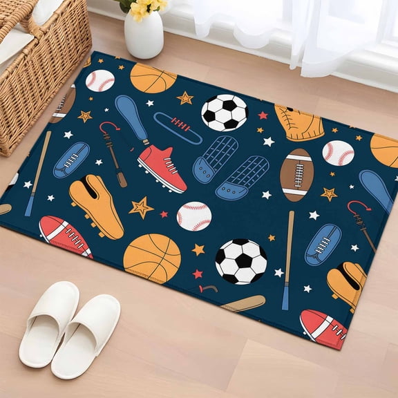 Area Rug 2 x 3 Ft, Sports Theme Indoor Accent Bathroom Rugs for Kitchen/Laundry Room, Cartoon Soccer Baseball Basketball Star Blue Washable Non-Slip Runner Floor Mat for Entryway, Living Room