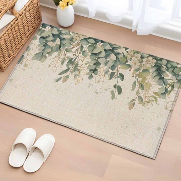 Area Rug 2 x 3 Ft, Spring Eucalyptus Indoor Accent Bathroom Rugs for Kitchen/Laundry Room, Summer Botanical Leaves Beige Watercolor Washable Non-Slip Runner Floor Mat for Entryway, Living Room