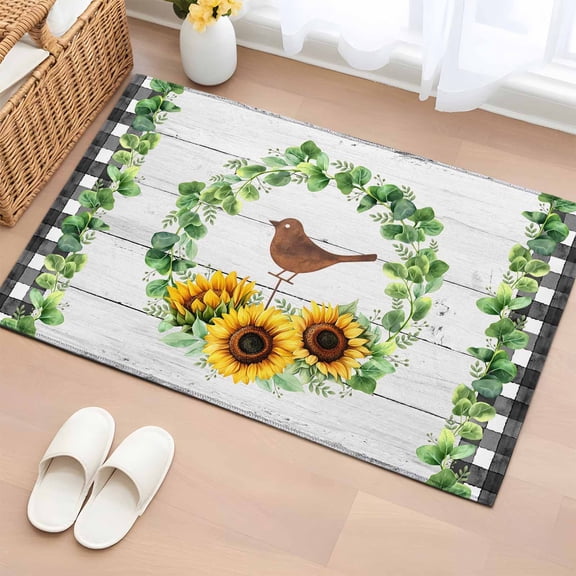 Area Rug 2 x 3 Ft, Spring Eucalyptus Sunflower Indoor Accent Bathroom Rugs for Kitchen/Laundry Room, Farmhouse Birds Gray Wood Washable Non-Slip Runner Floor Mat for Entryway, Living Room