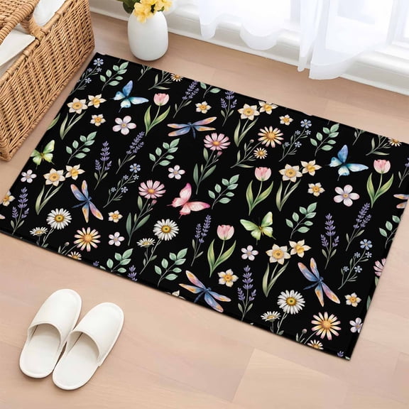Area Rug 2 x 3 Ft, Spring Floral Indoor Accent Bathroom Rugs for Kitchen/Laundry Room, Elegant Pastoral Flowers Dragonfly Black Washable Non-Slip Runner Floor Mat for Entryway, Living Room