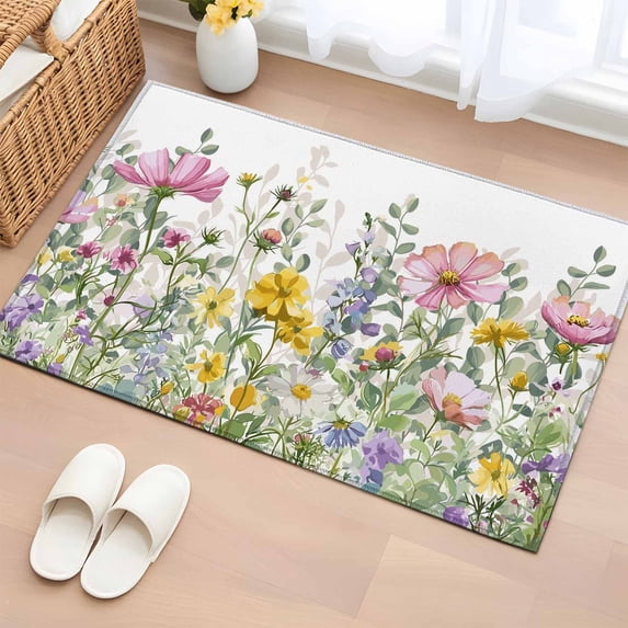 Area Rug 2 x 3 Ft, Spring Floral Indoor Accent Bathroom Rugs for Kitchen/Laundry Room, Watercolor Flower Eucalyptus Leaves Botanical Washable Non-Slip Runner Floor Mat for Entryway, Living Room