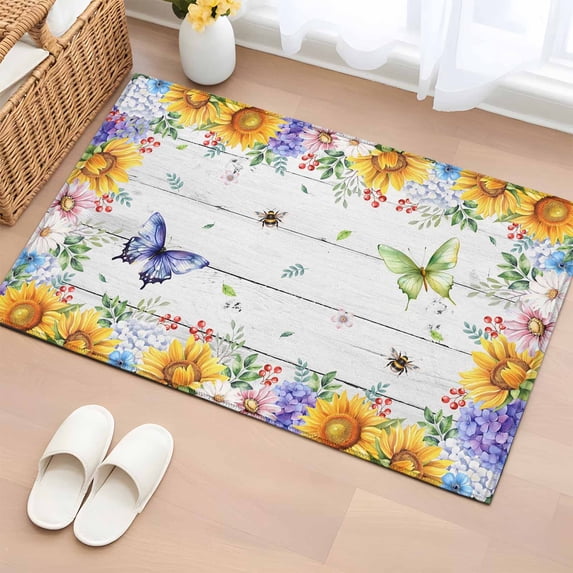 Area Rug 2 x 3 Ft, Spring Flowers Indoor Accent Bathroom Rugs for Kitchen/Laundry Room, Watercolor Sunflowers Daisy Butterflies Wood Washable Non-Slip Runner Floor Mat for Entryway, Living Room