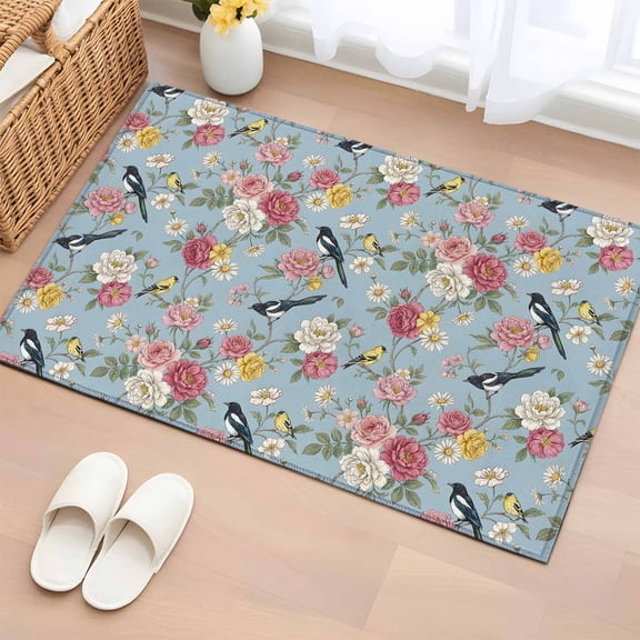 Area Rug 2 x 3 Ft, Spring Red Floral Indoor Accent Bathroom Rugs for Kitchen/Laundry Room, Daiy Birds Farmhouse Blue Botanical Washable Non-Slip Runner Floor Mat for Entryway, Living Room