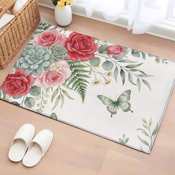 Area Rug 2 x 3 Ft, Spring Roses Indoor Accent Bathroom Rugs for Kitchen/Laundry Room, Garden Botanical Leaves Butterflies Washable Non-Slip Runner Floor Mat for Entryway, Living Room