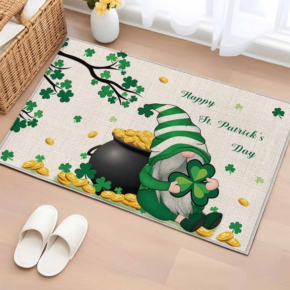 Area Rug 2 x 3 Ft, St. Patrick's Day Indoor Accent Bathroom Rugs for Kitchen/Laundry Room, Green Gnomes Shamrock Gold Coin Beige Washable Non-Slip Runner Floor Mat for Entryway, Living Room