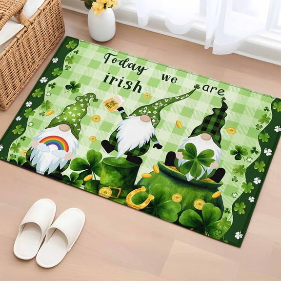 Area Rug 2 x 3 Ft, St. Patrick's Day Indoor Accent Bathroom Rugs for Kitchen/Laundry Room, Green Gnomes Shamrock Gold Coin Washable Non-Slip Runner Floor Mat for Entryway, Living Room