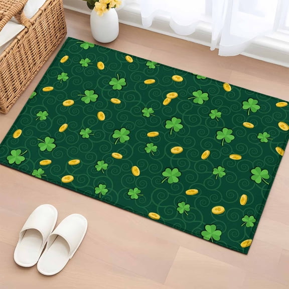 Area Rug 2 x 3 Ft, St. Patrick's Day Indoor Accent Bathroom Rugs for Kitchen/Laundry Room, Lucky Shamrock Gold Coin Minimalist Green Washable Non-Slip Runner Floor Mat for Entryway, Living Room
