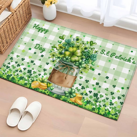 Area Rug 2 x 3 Ft, St. Patrick's Day Indoor Accent Bathroom Rugs for Kitchen/Laundry Room, Spring Botanical Clovers Coin Green Check Washable Non-Slip Runner Floor Mat for Entryway, Living Room