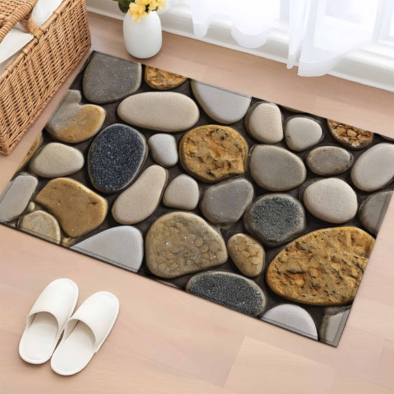 Area Rug 2 x 3 Ft, Stones Indoor Accent Bathroom Rugs for Kitchen/Laundry Room, Gravel Rock Cobblestone Natural Pattern Art Washable Non-Slip Runner Floor Mat for Entryway, Living Room