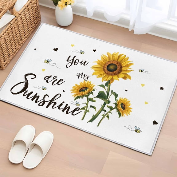 Area Rug 2 x 3 Ft, Sunflower Sunshine Indoor Accent Bathroom Rugs for Kitchen/Laundry Room, Pastoral Bees Farmhouse Floral Washable Non-Slip Runner Floor Mat for Entryway, Living Room