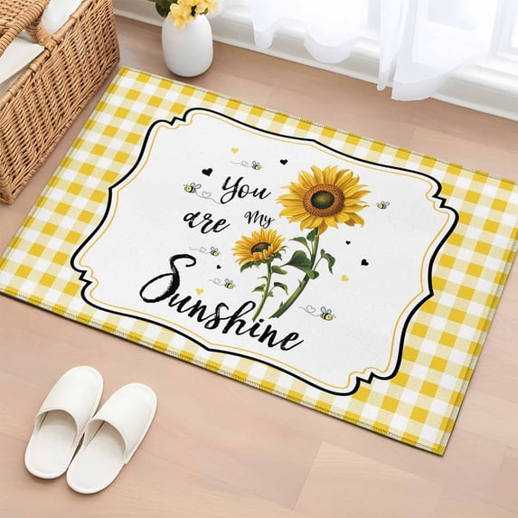 Area Rug 2 x 3 Ft, Sunflowers Indoor Accent Bathroom Rugs for Kitchen/Laundry Room, Yellow Floral Botanical Checkered Farmhouse Washable Non-Slip Runner Floor Mat for Entryway, Living Room