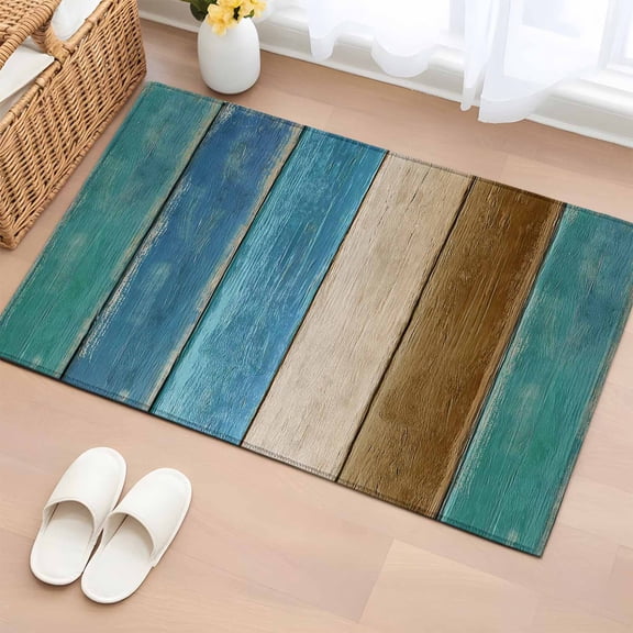 Area Rug 2 x 3 Ft, Teal Brown Blue Wooden Indoor Accent Bathroom Rugs for Kitchen/Laundry Room, Farmhouse Vertical Striped Art Washable Non-Slip Runner Floor Mat for Entryway, Living Room