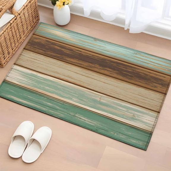 Area Rug 2 x 3 Ft, Teal Brown Indoor Accent Bathroom Rugs for Kitchen/Laundry Room, Farmhouse Rustic Wooden Plank Board Washable Non-Slip Runner Floor Mat for Entryway, Living Room