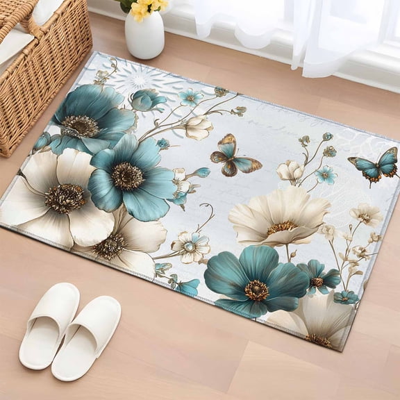 Area Rug 2 x 3 Ft, Teal Tulip Butterfly Indoor Accent Bathroom Rugs for Kitchen/Laundry Room, Beige Turquoise Floral Blue Coastal Washable Non-Slip Runner Floor Mat for Entryway, Living Room