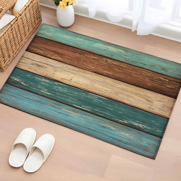 Area Rug 2 x 3 Ft, Teal Turquoise Wooden Indoor Accent Bathroom Rugs for Kitchen/Laundry Room, Rustic Retro Farmhouse Western Country Washable Non-Slip Runner Floor Mat for Entryway, Living Room
