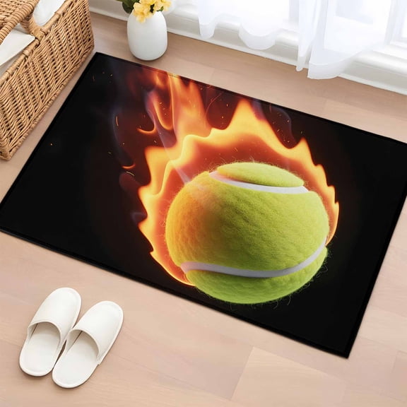 Area Rug 2 x 3 Ft, Tennis Indoor Accent Bathroom Rugs for Kitchen/Laundry Room, Modern Sport Glowing Ball Black Background Washable Non-Slip Runner Floor Mat for Entryway, Living Room
