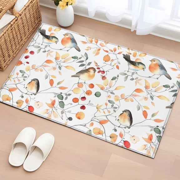 Area Rug 2 x 3 Ft, Thanksgiving Fall Indoor Accent Bathroom Rugs for Kitchen/Laundry Room, Autumn Branch Bird Orange Botanical Washable Non-Slip Runner Floor Mat for Entryway, Living Room